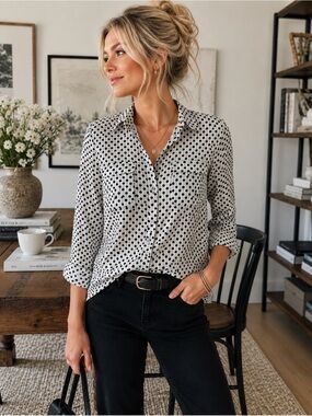LOFT Women's Petite
Spotted Pinstripe Button Down Blouse French Girl Chic XSP